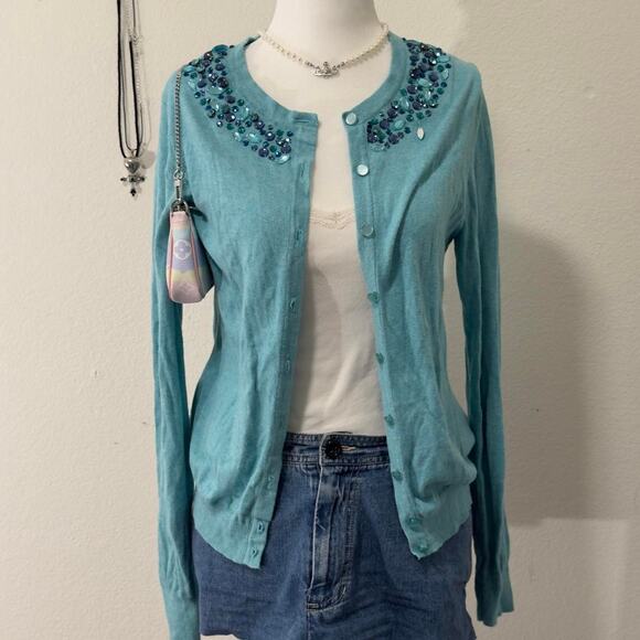 shabby chic blue knit cardigan button up with rhinestone collar - Picture 1 of 7
